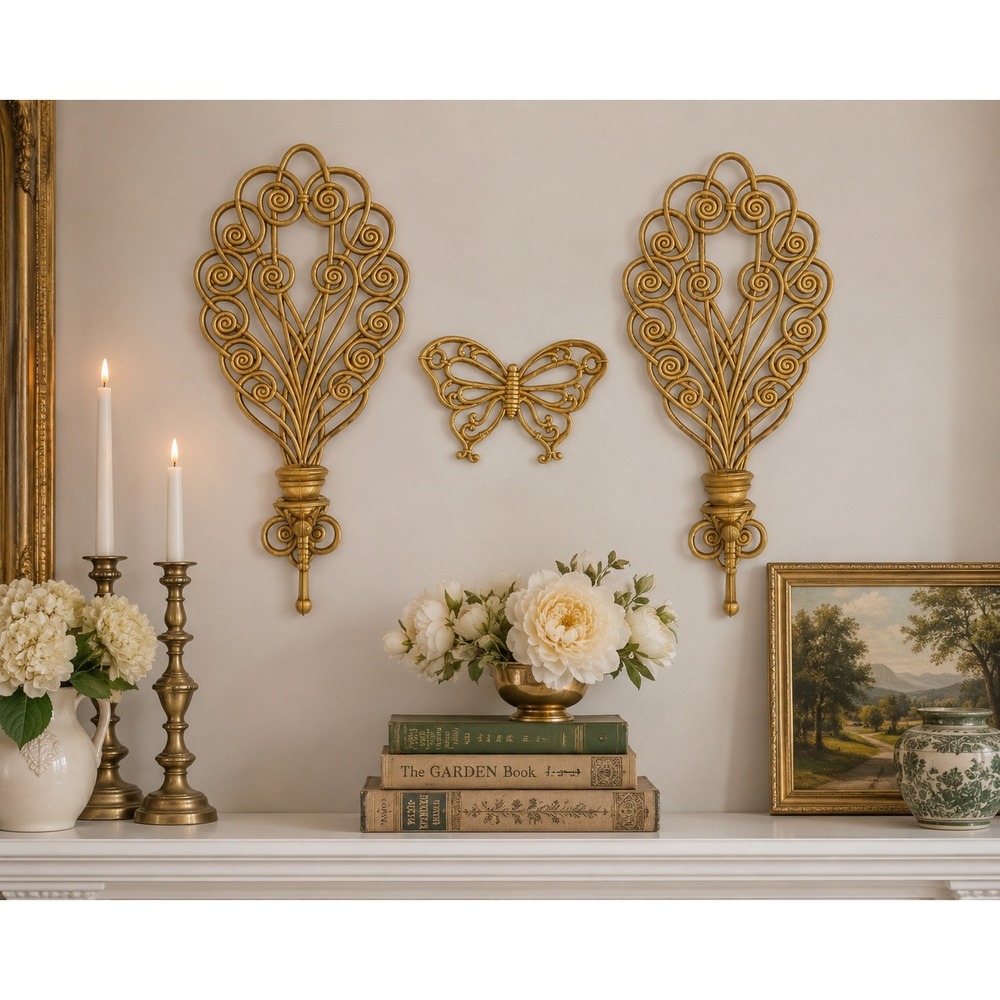 Vintage Burwood‎ Syroco Wall Decor Set Butterfly Fan Plaques Hollywood Regency